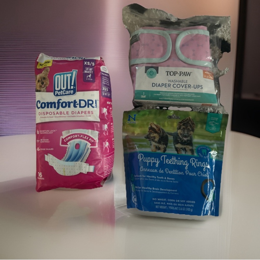 SOLD. Puppy Bundle •Top Paw Pink Washable & Disposable Diapers & Teething Rings